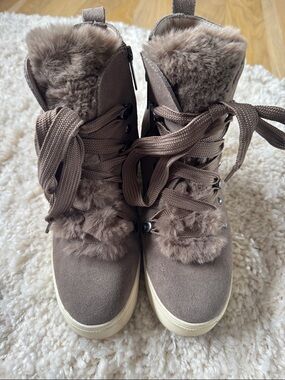 J Slides Taupe Faux-Fur Lace-Up Boots
